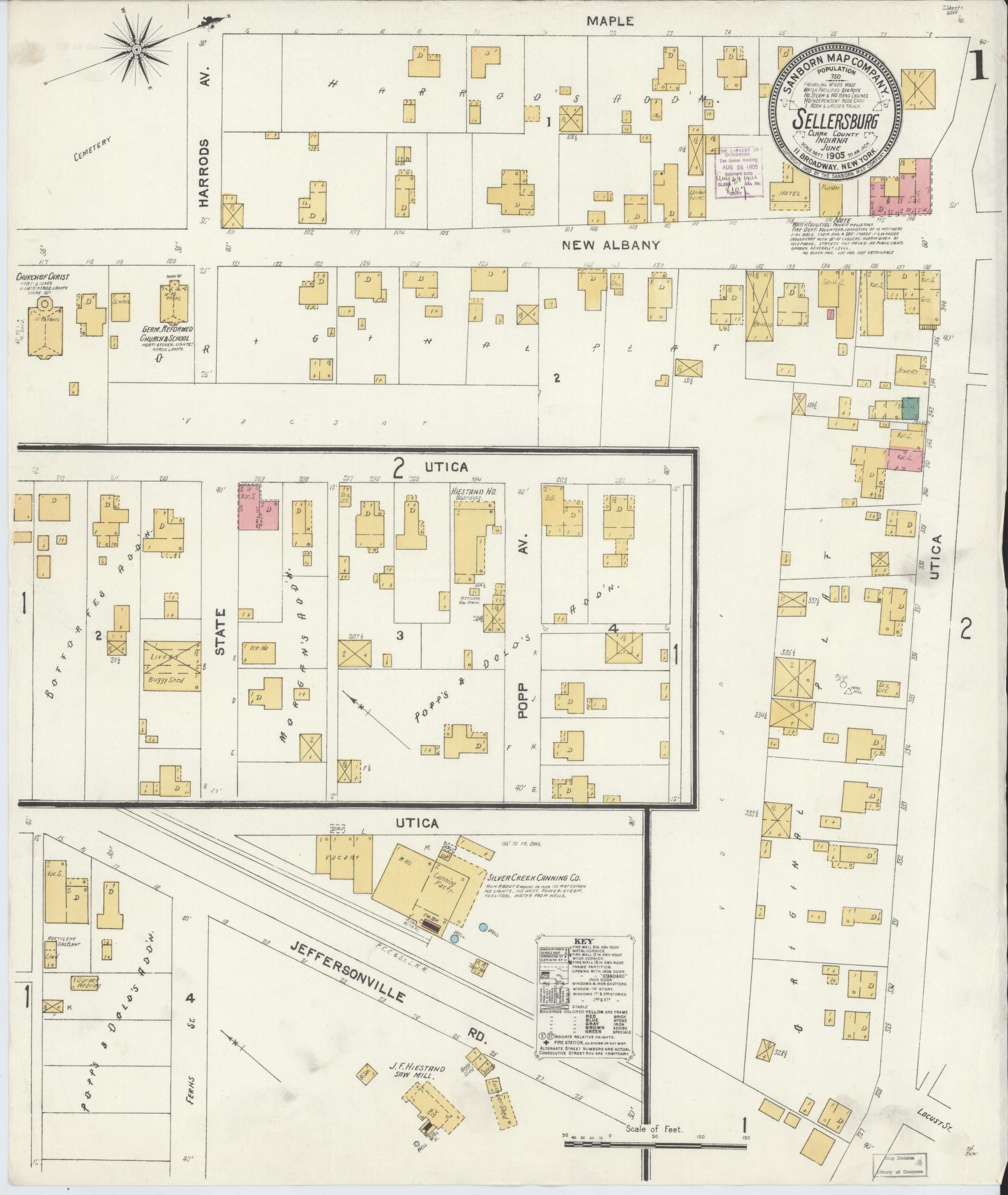 Sanborn Fire Insurance Map from Sellersburg, Clark County, Indiana (1905), Sheet #0001 - Complete Map Set gallery image, historic Sanborn map, vintage wall art, Indiana Indiana