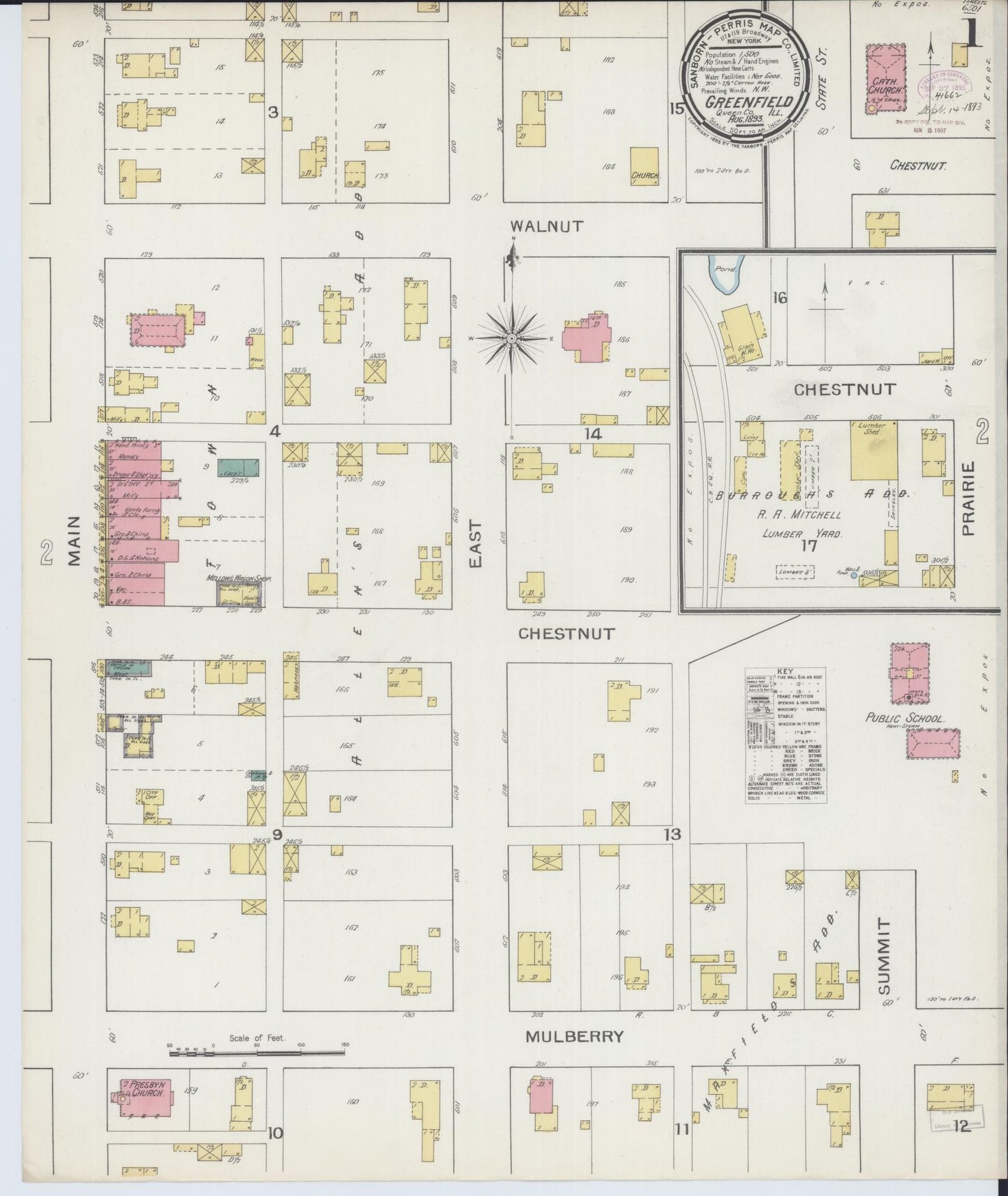 Sanborn Fire Insurance Map from Greenfield, Greene County, Illinois (1893), Sheet #0001 - Complete Map Set gallery image, historic Sanborn map, vintage wall art, Illinois Illinois