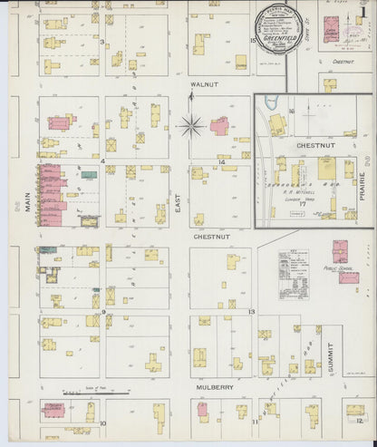 Sanborn Fire Insurance Map from Greenfield, Greene County, Illinois (1893), Sheet #0001 - Complete Map Set gallery image, historic Sanborn map, vintage wall art, Illinois Illinois