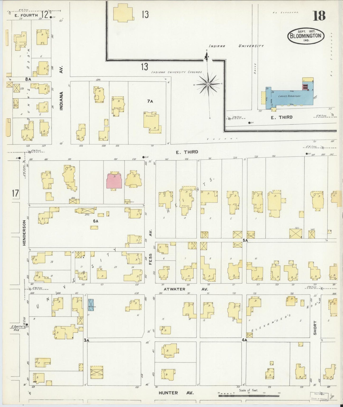 Sanborn Fire Insurance Map from Bloomington, Monroe County, Indiana (1907), Sheet #0018 - Historic Sanborn Fire Insurance Map Print, vintage old map wall art, antique decor, genealogy gift, Indiana Indiana map