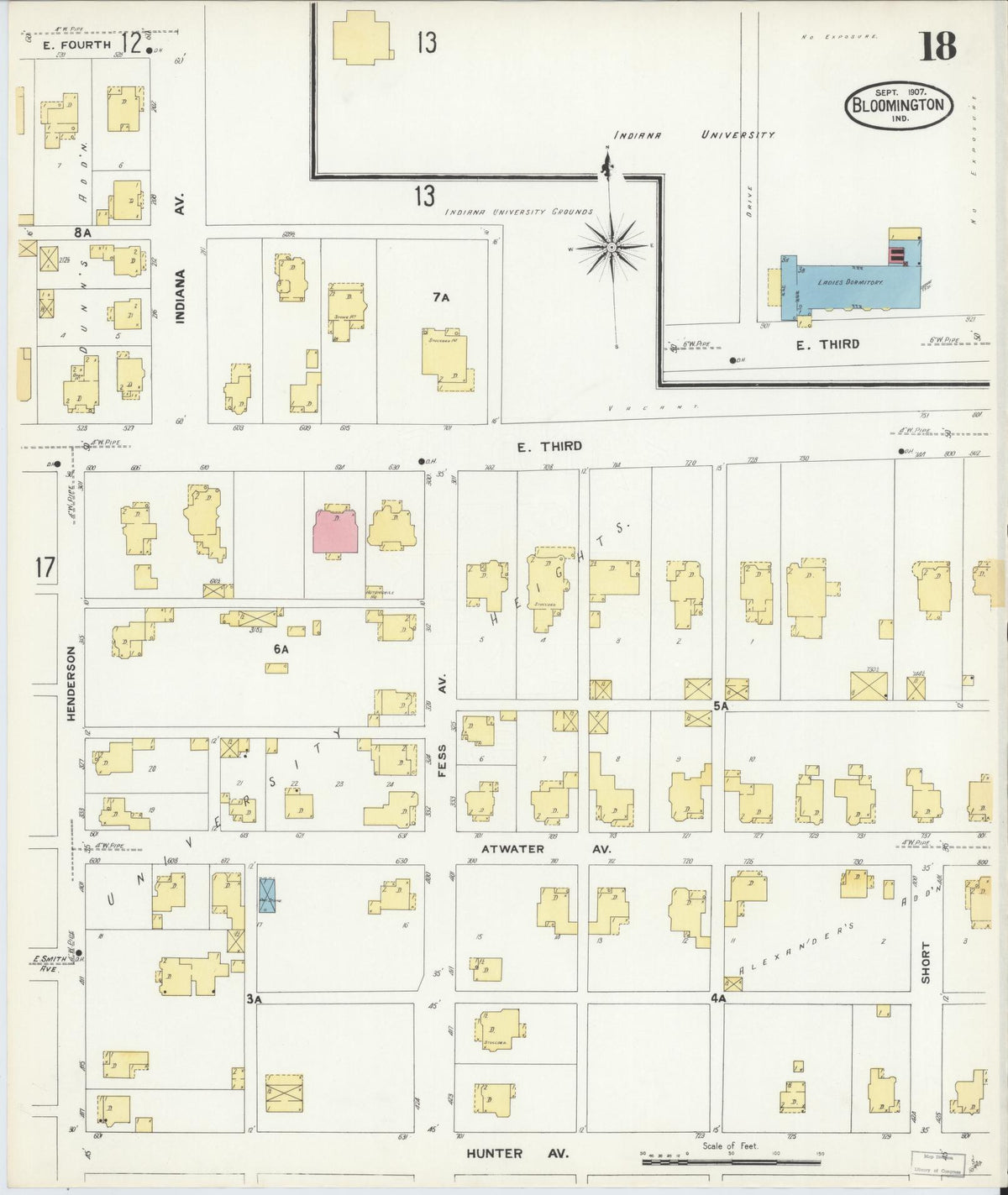 Sanborn Fire Insurance Map from Bloomington, Monroe County, Indiana (1907), Sheet #0018 - Historic Sanborn Fire Insurance Map Print, vintage old map wall art, antique decor, genealogy gift, Indiana Indiana map