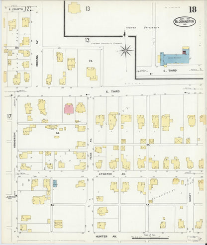 Sanborn Fire Insurance Map from Bloomington, Monroe County, Indiana (1907), Sheet #0018 - Historic Sanborn Fire Insurance Map Print, vintage old map wall art, antique decor, genealogy gift, Indiana Indiana map
