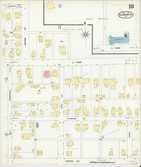 Sanborn Fire Insurance Map from Bloomington, Monroe County, Indiana (1907), Sheet #0018 - Historic Sanborn Fire Insurance Map Print, vintage old map wall art, antique decor, genealogy gift, Indiana Indiana map