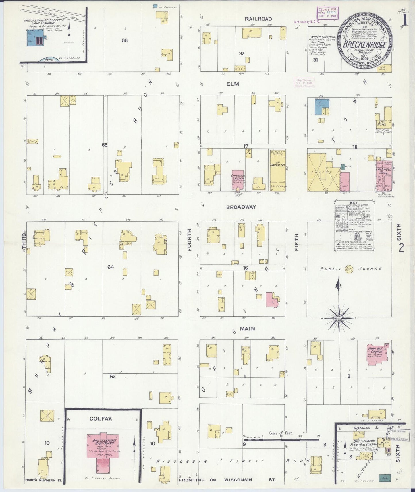 Sanborn Fire Insurance Map from Breckenridge, Caldwell County, Missouri (1909), Sheet #0001 - Historic Sanborn Fire Insurance Map Print, vintage old map wall art, antique decor, genealogy gift, Missouri Missouri map