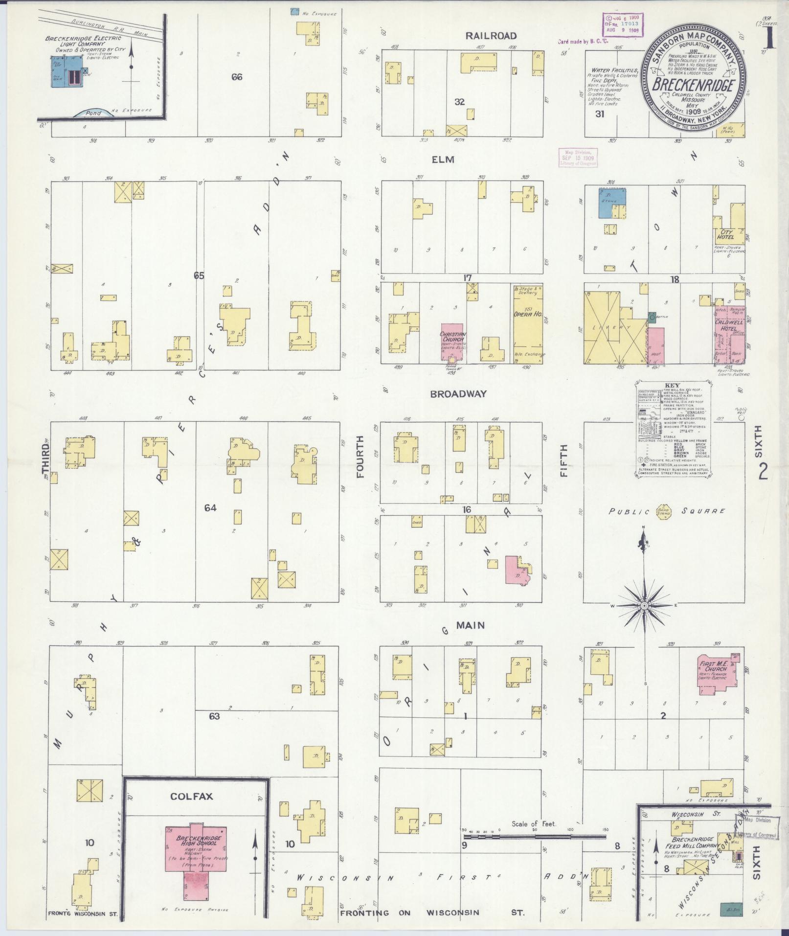 Sanborn Fire Insurance Map from Breckenridge, Caldwell County, Missouri (1909), Sheet #0001 - Historic Sanborn Fire Insurance Map Print, vintage old map wall art, antique decor, genealogy gift, Missouri Missouri map