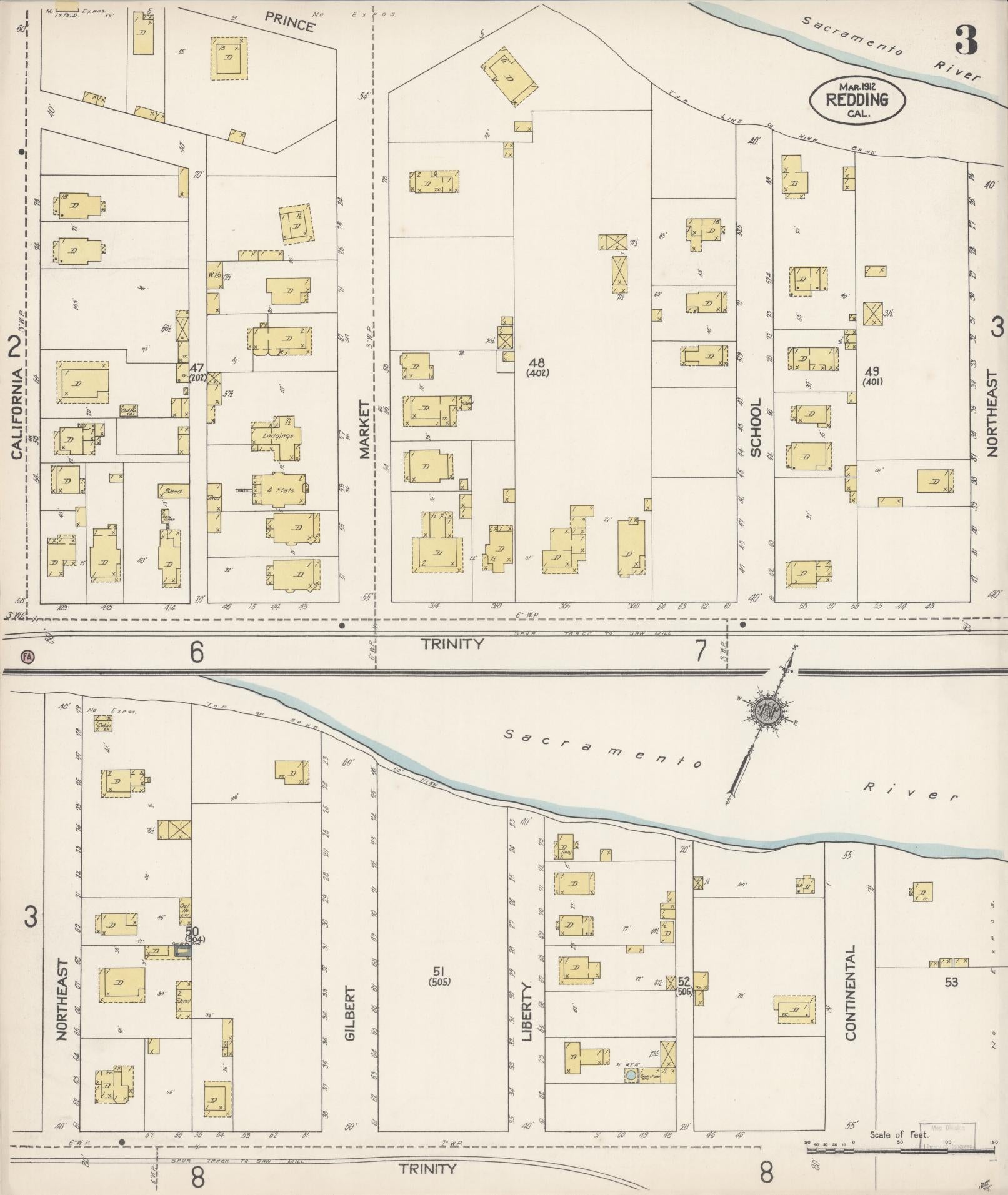Sanborn Fire Insurance Map from Redding, Shasta County, California (1912), Sheet #0003 - Complete Map Set gallery image, historic Sanborn map, vintage wall art, California California
