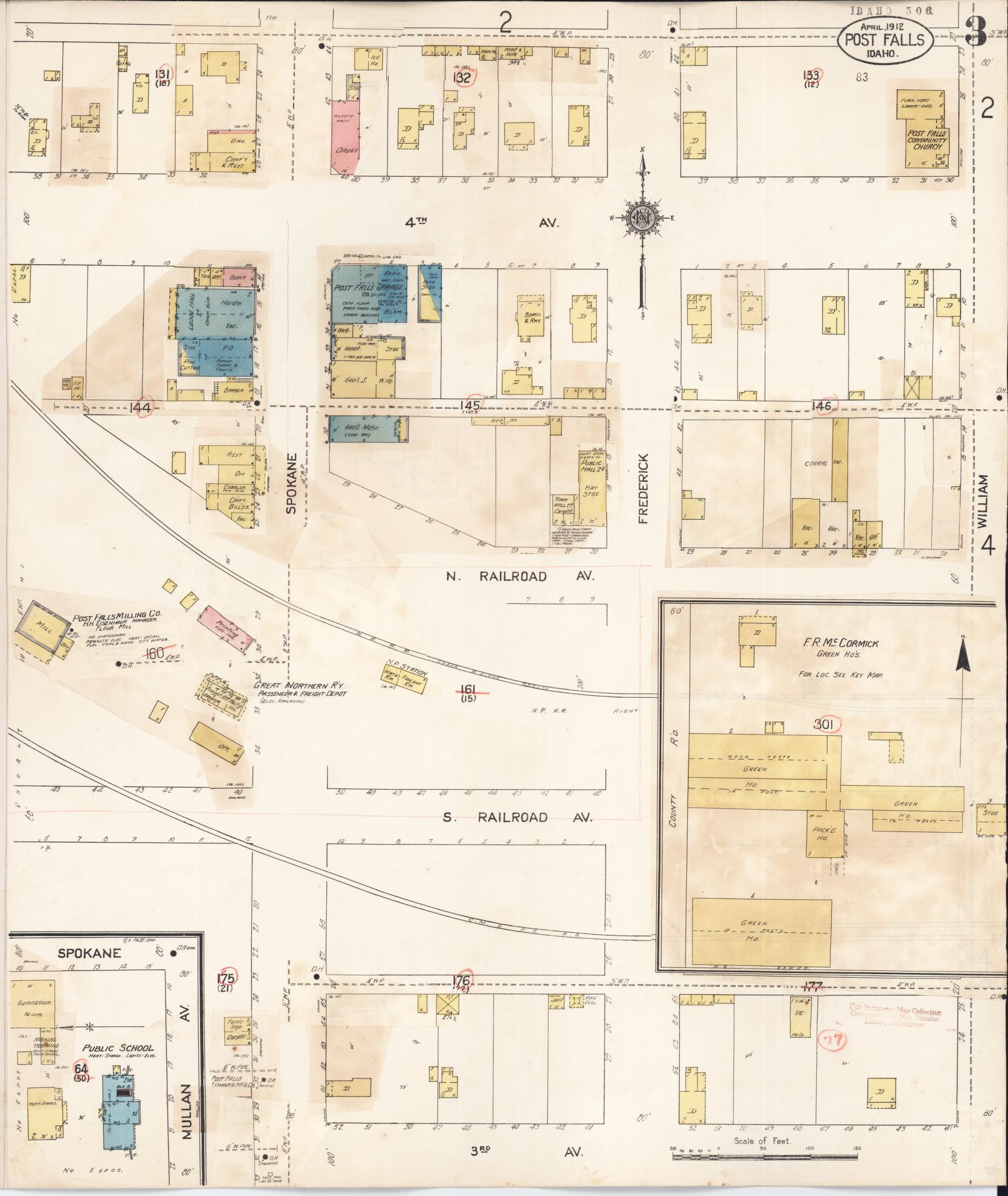 Sanborn Fire Insurance Map from Post Falls, Kootenai County, Idaho (1928), Sheet #0003 - Complete Map Set gallery image, historic Sanborn map, vintage wall art, Idaho Idaho