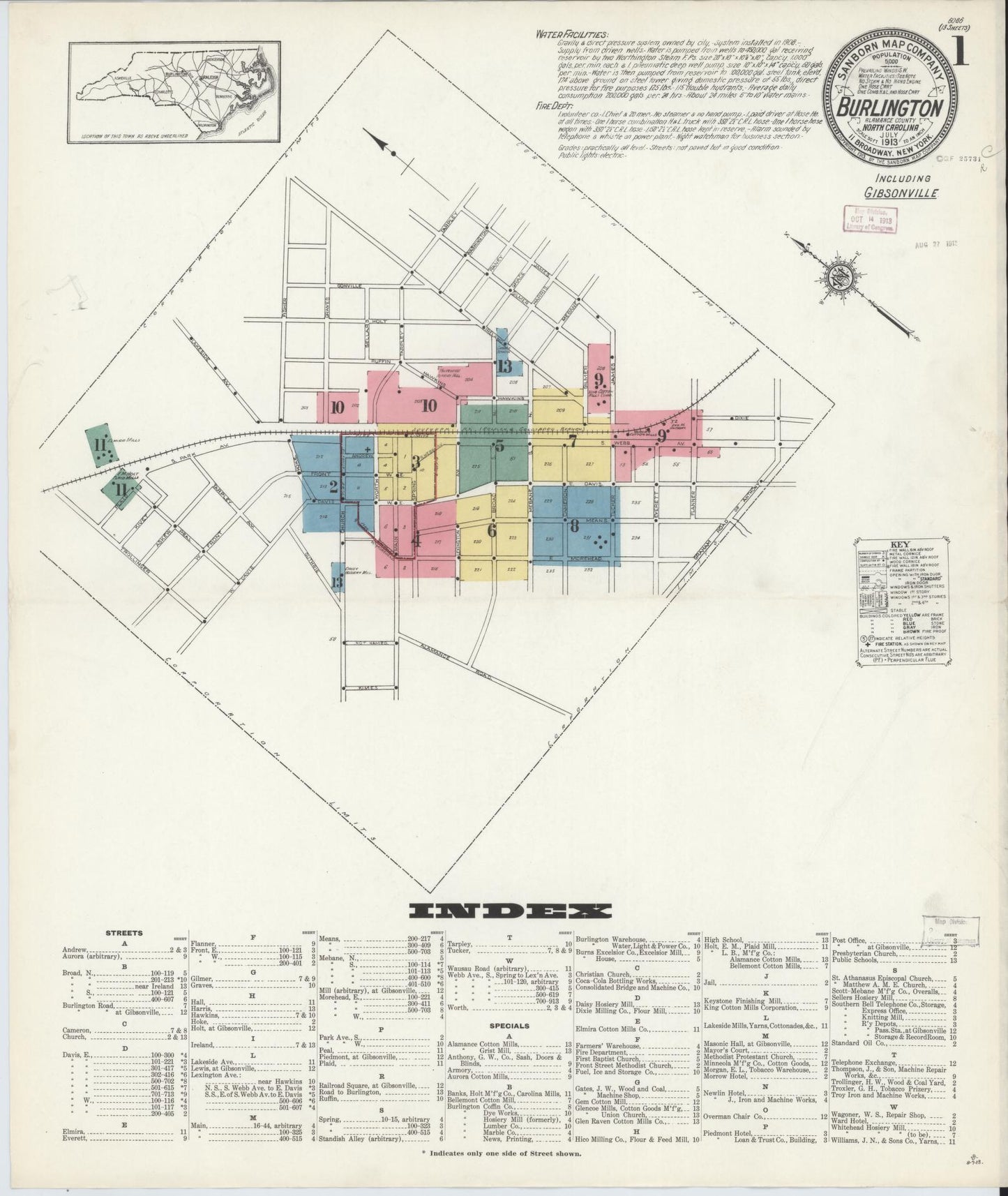 Sanborn Fire Insurance Map from Burlington, Alamance County, North Carolina (1913), Sheet #0001 - Historic Sanborn Fire Insurance Map Print, vintage old map wall art, antique decor, genealogy gift, North Carolina North Carolina map