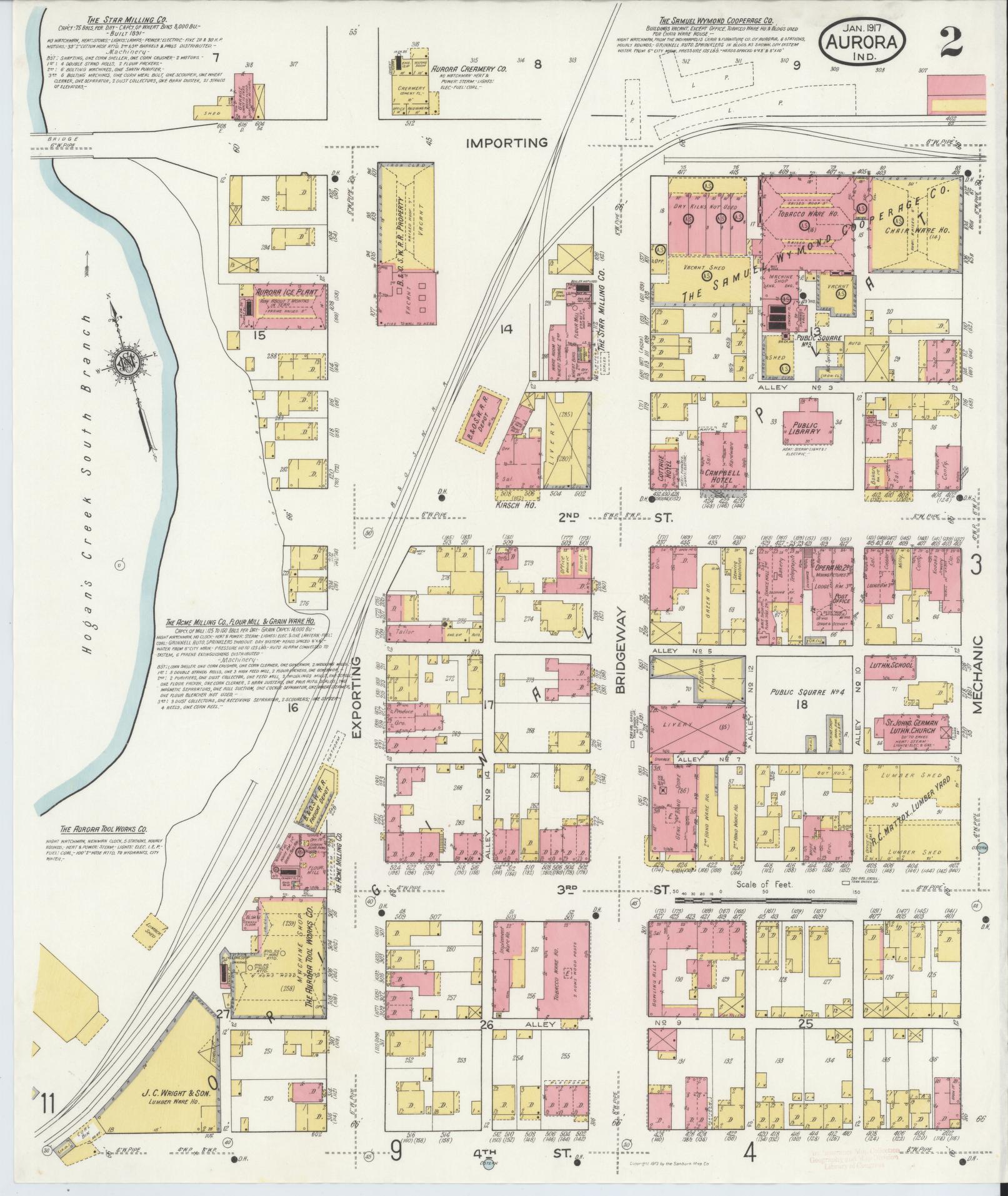 Sanborn Fire Insurance Map from Aurora, Dearborn County, Indiana (1917), Sheet #0002 - Historic Sanborn Fire Insurance Map Print, vintage old map wall art, antique decor, genealogy gift, Indiana Indiana map