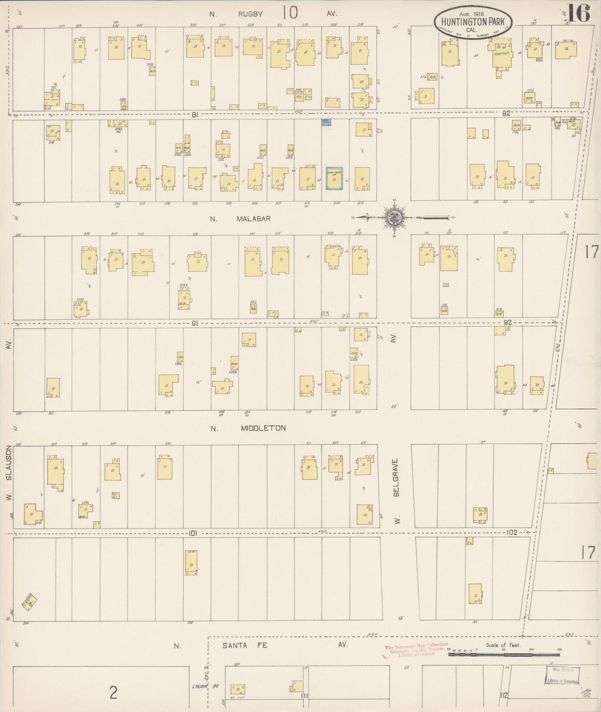 Sanborn Fire Insurance Map from Huntington Park, Los Angeles County, California (1916), Sheet #0016 - Complete Map Set gallery image, historic Sanborn map, vintage wall art, California California