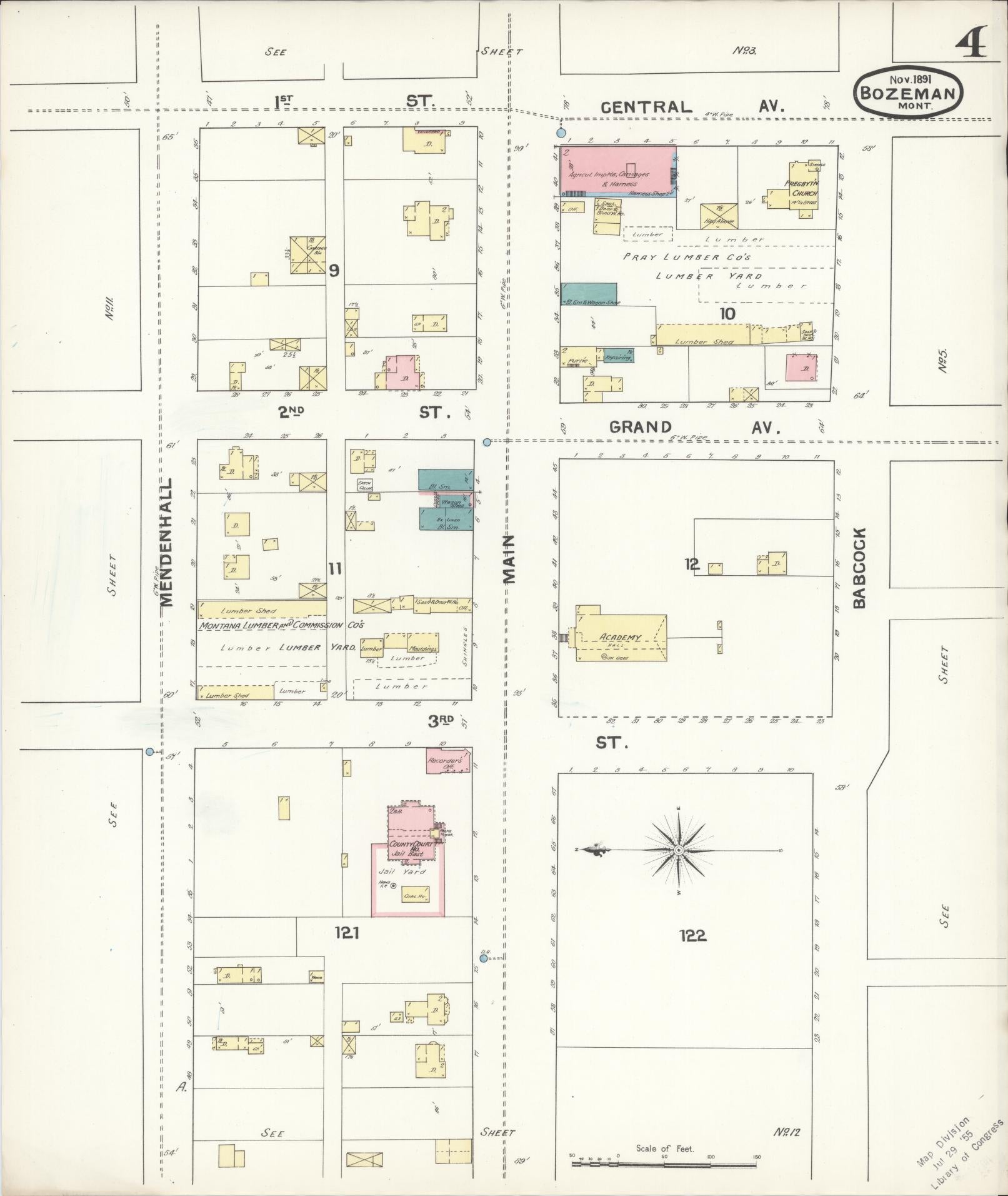 Sanborn Fire Insurance Map from Bozeman, Gallatin County, Montana (1891), Sheet #0004 - Historic Sanborn Fire Insurance Map Print, vintage old map wall art, antique decor, genealogy gift, Montana Montana map