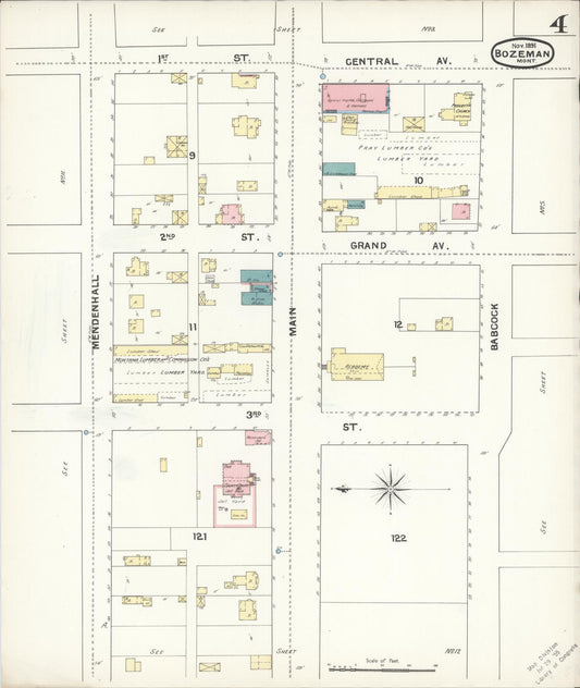 Sanborn Fire Insurance Map from Bozeman, Gallatin County, Montana (1891), Sheet #0004 - Historic Sanborn Fire Insurance Map Print, vintage old map wall art, antique decor, genealogy gift, Montana Montana map