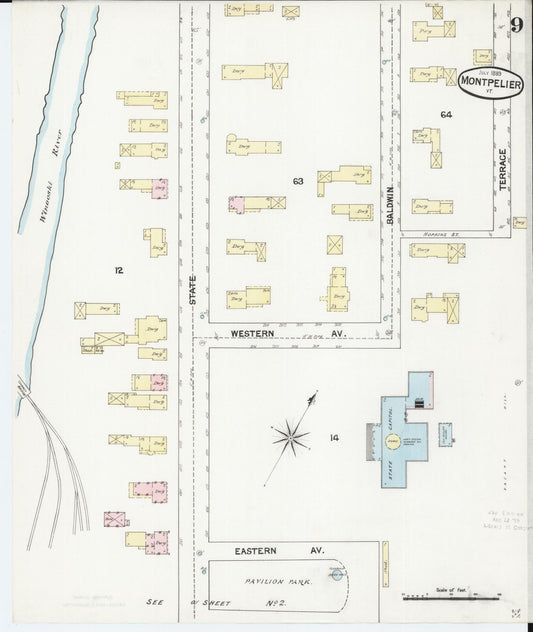 Sanborn Fire Insurance Map from Montpelier, Washington County, Vermont (1889), Sheet #0009 - Historic Sanborn Fire Insurance Map Print, vintage old map wall art, antique decor, genealogy gift, Vermont Vermont map