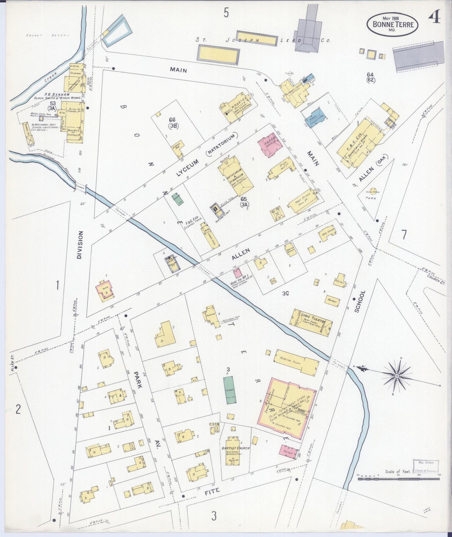Sanborn Fire Insurance Map from Bonne Terre, Saint Francois County, Missouri (1908), Sheet #0004 - Historic Sanborn Fire Insurance Map Print, vintage old map wall art, antique decor, genealogy gift, Missouri Missouri map