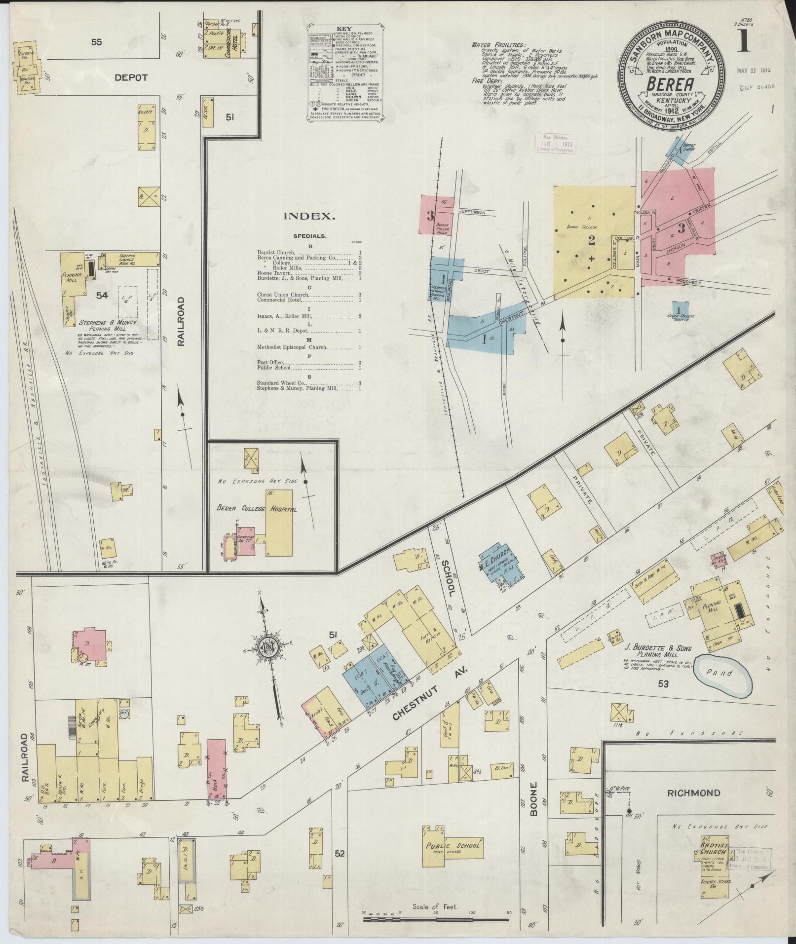 Sanborn Fire Insurance Map from Berea, Madison County, Kentucky (1912), Sheet #0001 - Complete Map Set gallery image, historic Sanborn map, vintage wall art, Kentucky Kentucky