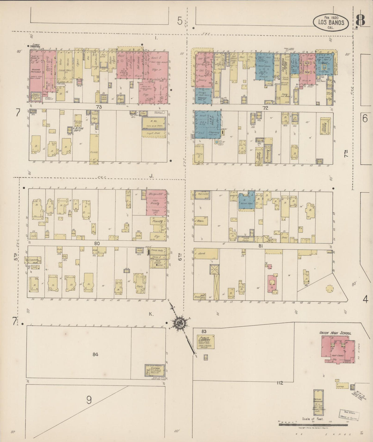 Sanborn Fire Insurance Map from Los Banos, Merced County, California (1920), Sheet #0008 - Complete Map Set gallery image, historic Sanborn map, vintage wall art, California California