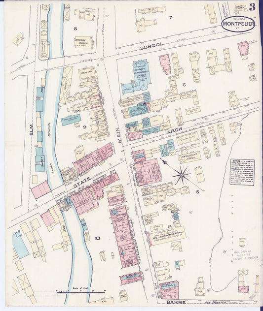 Sanborn Fire Insurance Map from Montpelier, Washington County, Vermont (1884), Sheet #0003 - Historic Sanborn Fire Insurance Map Print, vintage old map wall art, antique decor, genealogy gift, Vermont Vermont map