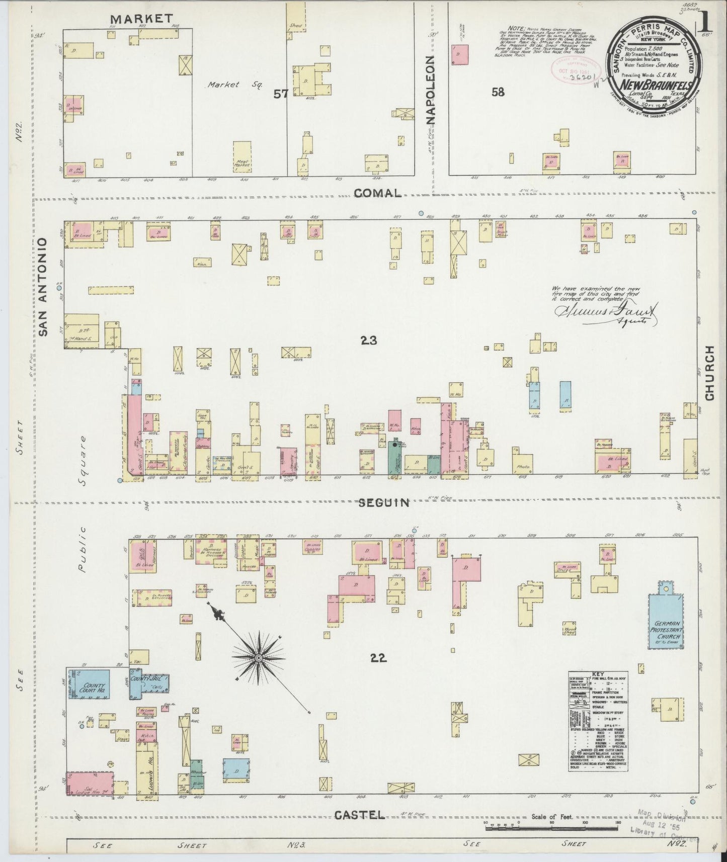 Sanborn Fire Insurance Map from New Braunfels, Comal County, Texas (1891), Sheet #0001 - Historic Sanborn Fire Insurance Map Print, vintage old map wall art, antique decor, genealogy gift, Texas Texas map
