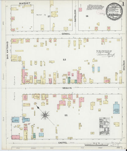 Sanborn Fire Insurance Map from New Braunfels, Comal County, Texas (1891), Sheet #0001 - Historic Sanborn Fire Insurance Map Print, vintage old map wall art, antique decor, genealogy gift, Texas Texas map