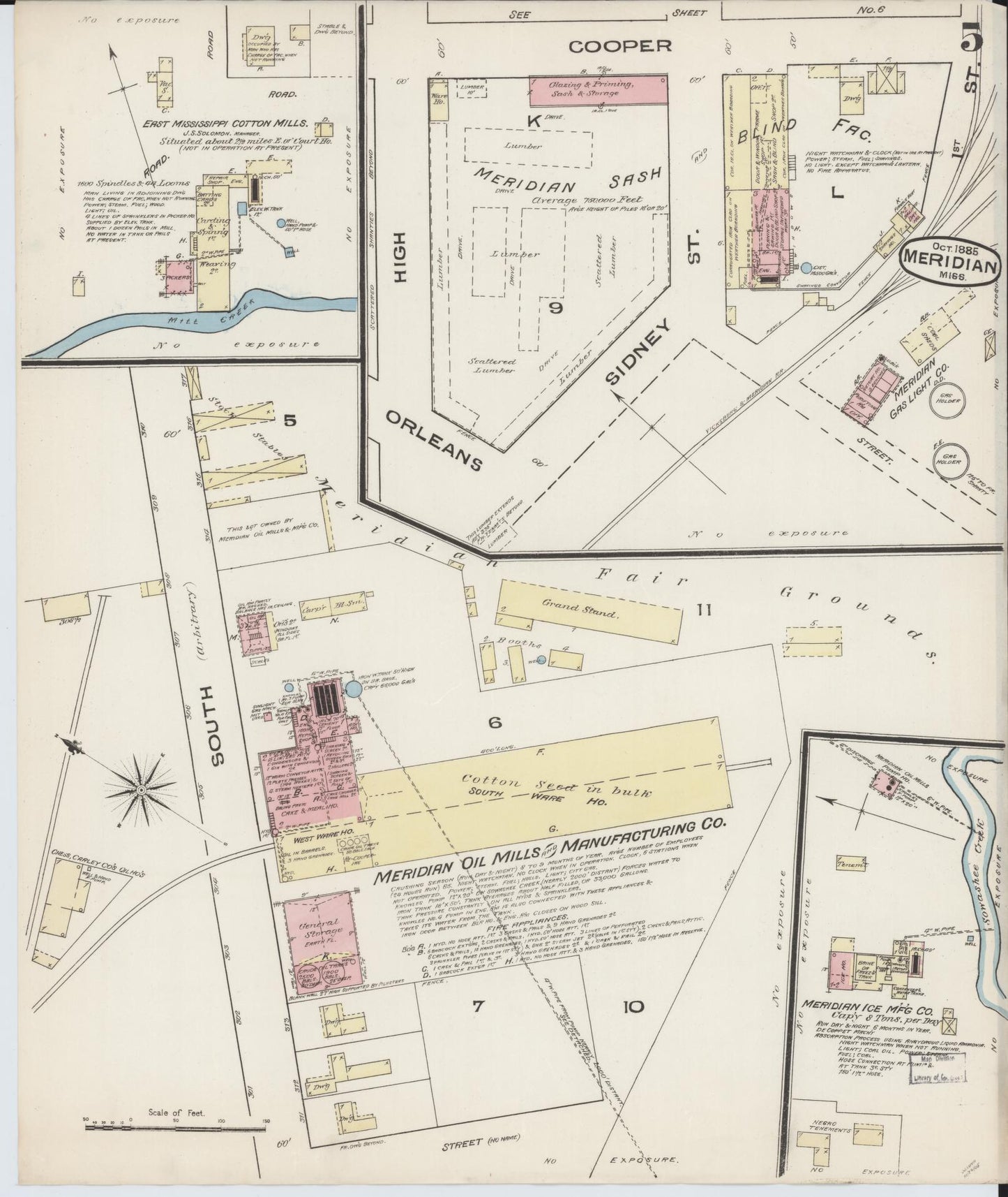 Sanborn Fire Insurance Map from Meridian, Lauderdale County, Mississippi (1885), Sheet #0005 - Complete Map Set gallery image, historic Sanborn map, vintage wall art, Mississippi Mississippi