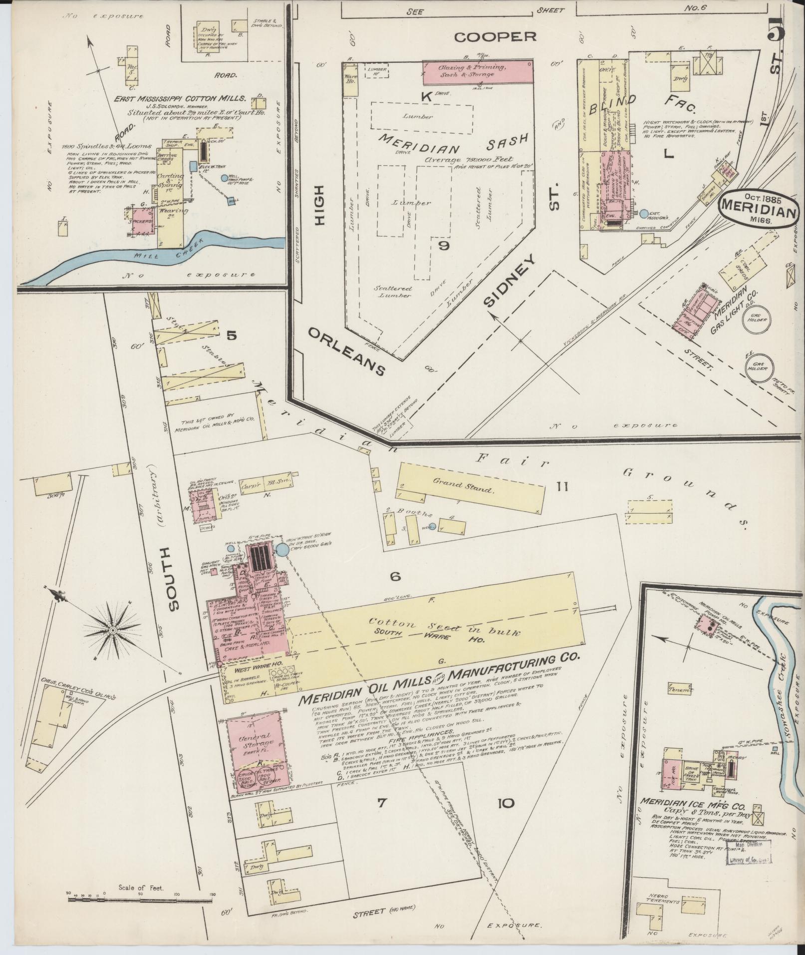 Sanborn Fire Insurance Map from Meridian, Lauderdale County, Mississippi (1885), Sheet #0005 - Complete Map Set gallery image, historic Sanborn map, vintage wall art, Mississippi Mississippi