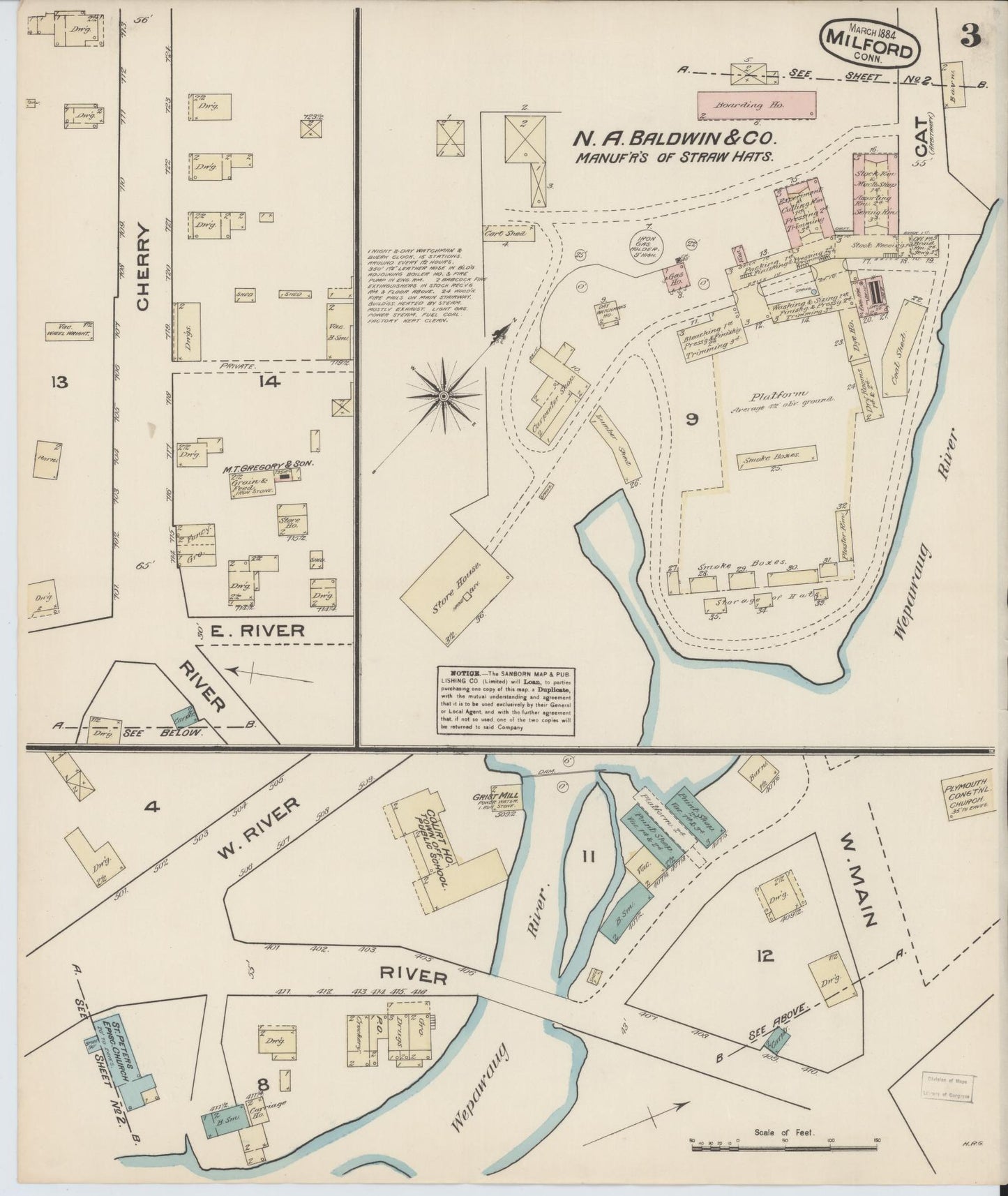 Sanborn Fire Insurance Map from Milford, New Haven County, Connecticut (1884), Sheet #0003 - Complete Map Set gallery image, historic Sanborn map, vintage wall art, Connecticut Connecticut