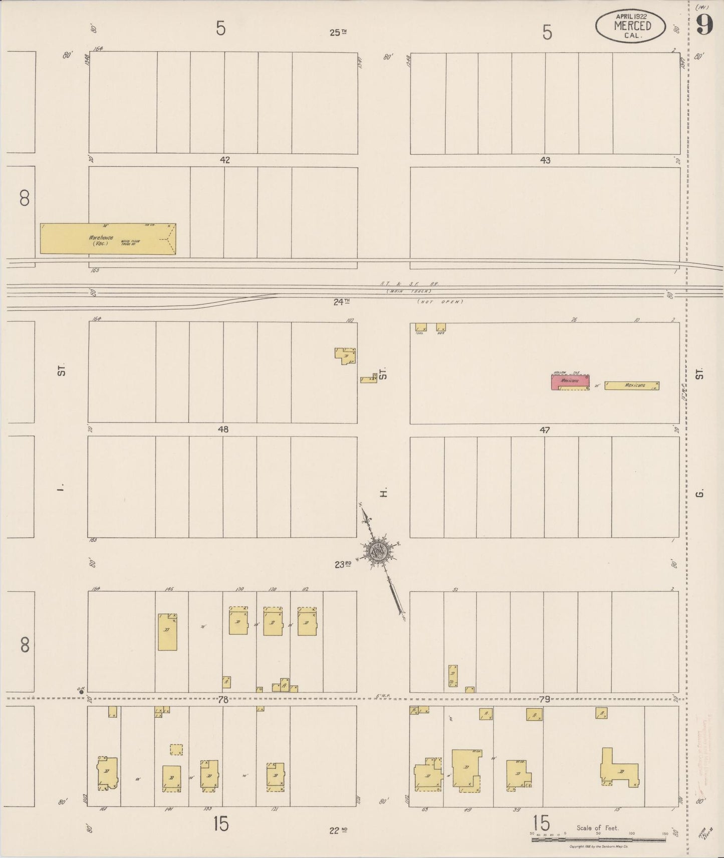 Sanborn Fire Insurance Map from Merced, Merced County, California (1922), Sheet #0009 - Historic Sanborn Fire Insurance Map Print, vintage old map wall art, antique decor, genealogy gift, California California map
