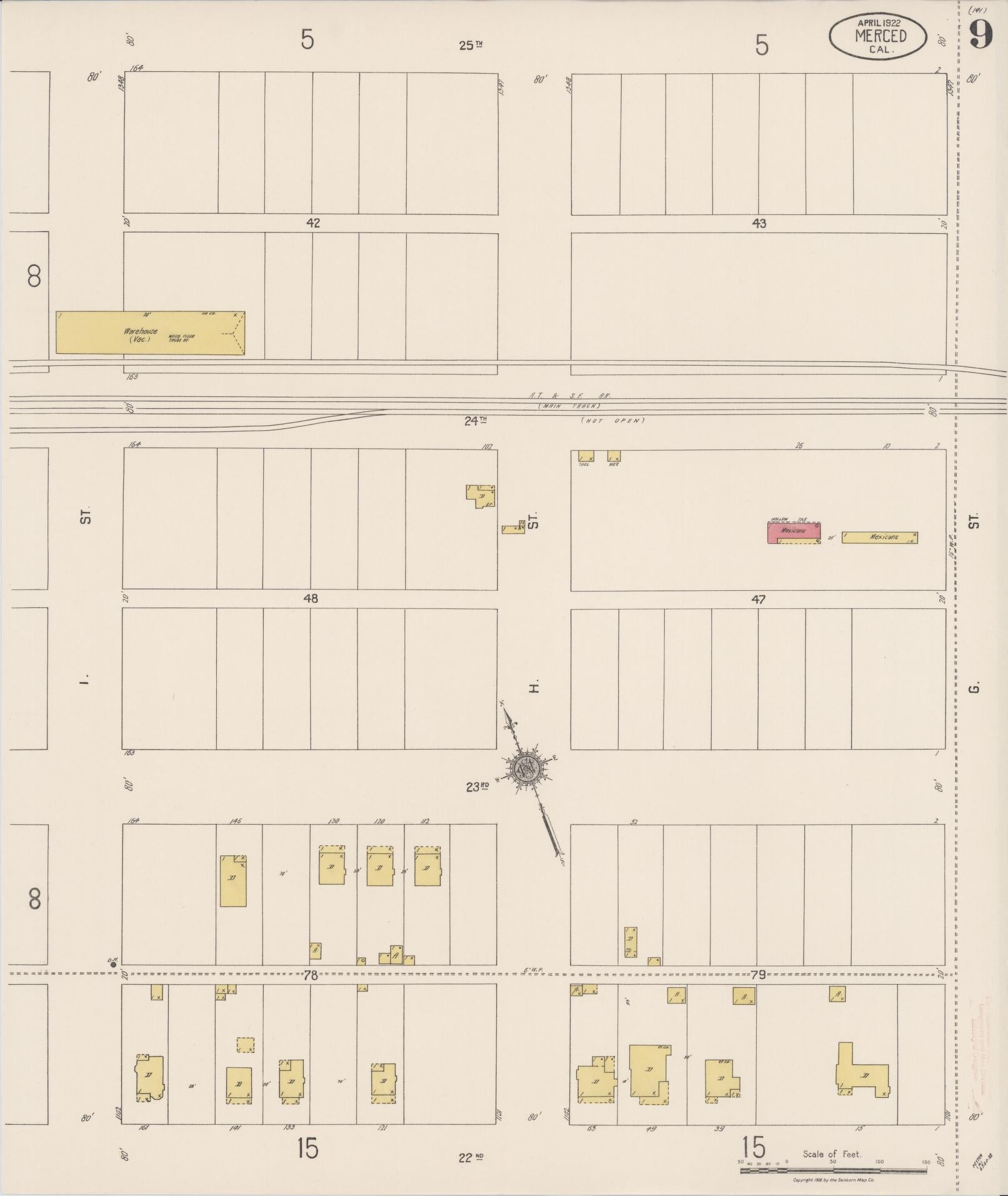 Sanborn Fire Insurance Map from Merced, Merced County, California (1922), Sheet #0009 - Historic Sanborn Fire Insurance Map Print, vintage old map wall art, antique decor, genealogy gift, California California map