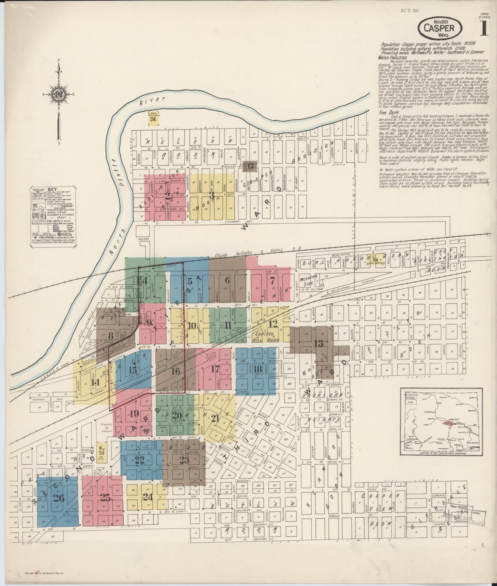 Sanborn Fire Insurance Map from Casper, Natrona County, Wyoming (1921), Sheet #0002 - Complete Map Set gallery image, historic Sanborn map, vintage wall art, Wyoming Wyoming