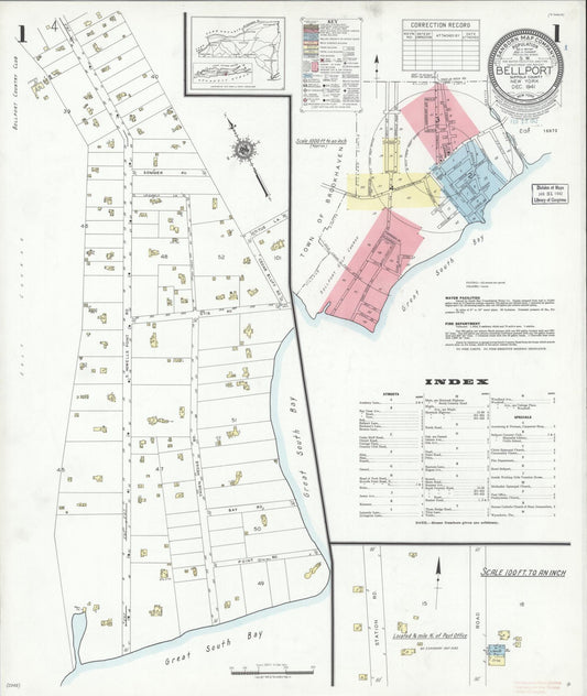 Sanborn Fire Insurance Map from Bellport, Suffolk County, New York (1941), Sheet #0001 - Historic Sanborn Fire Insurance Map Print, vintage old map wall art, antique decor, genealogy gift, New York New York map