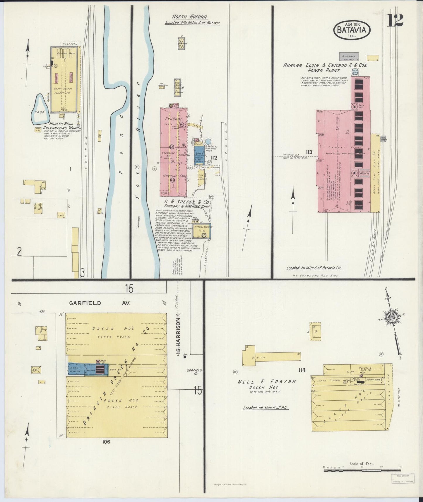 Sanborn Fire Insurance Map from Batavia, Kane County, Illinois (1916), Sheet #0012 - Historic Sanborn Fire Insurance Map Print, vintage old map wall art, antique decor, genealogy gift, Illinois Illinois map