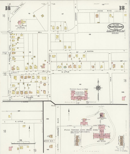 Sanborn Fire Insurance Map from Murfreesboro, Rutherford County, Tennessee (1924), Sheet #0018 - Historic Sanborn Fire Insurance Map Print, vintage old map wall art, antique decor, genealogy gift, Tennessee Tennessee map