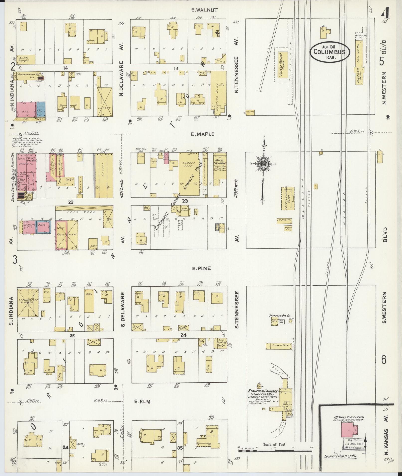 Sanborn Fire Insurance Map from Columbus, Cherokee County, Kansas (1911), Sheet #0004 - Historic Sanborn Fire Insurance Map Print, vintage old map wall art, antique decor, genealogy gift, Kansas Kansas map
