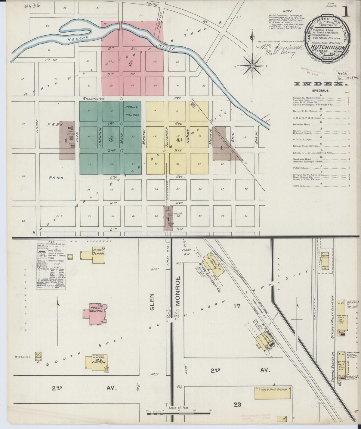 Sanborn Fire Insurance Map from Hutchinson, Mcleod County, Minnesota (1893), Sheet #0001 - Historic Sanborn Fire Insurance Map Print, vintage old map wall art, antique decor, genealogy gift, Minnesota Minnesota map