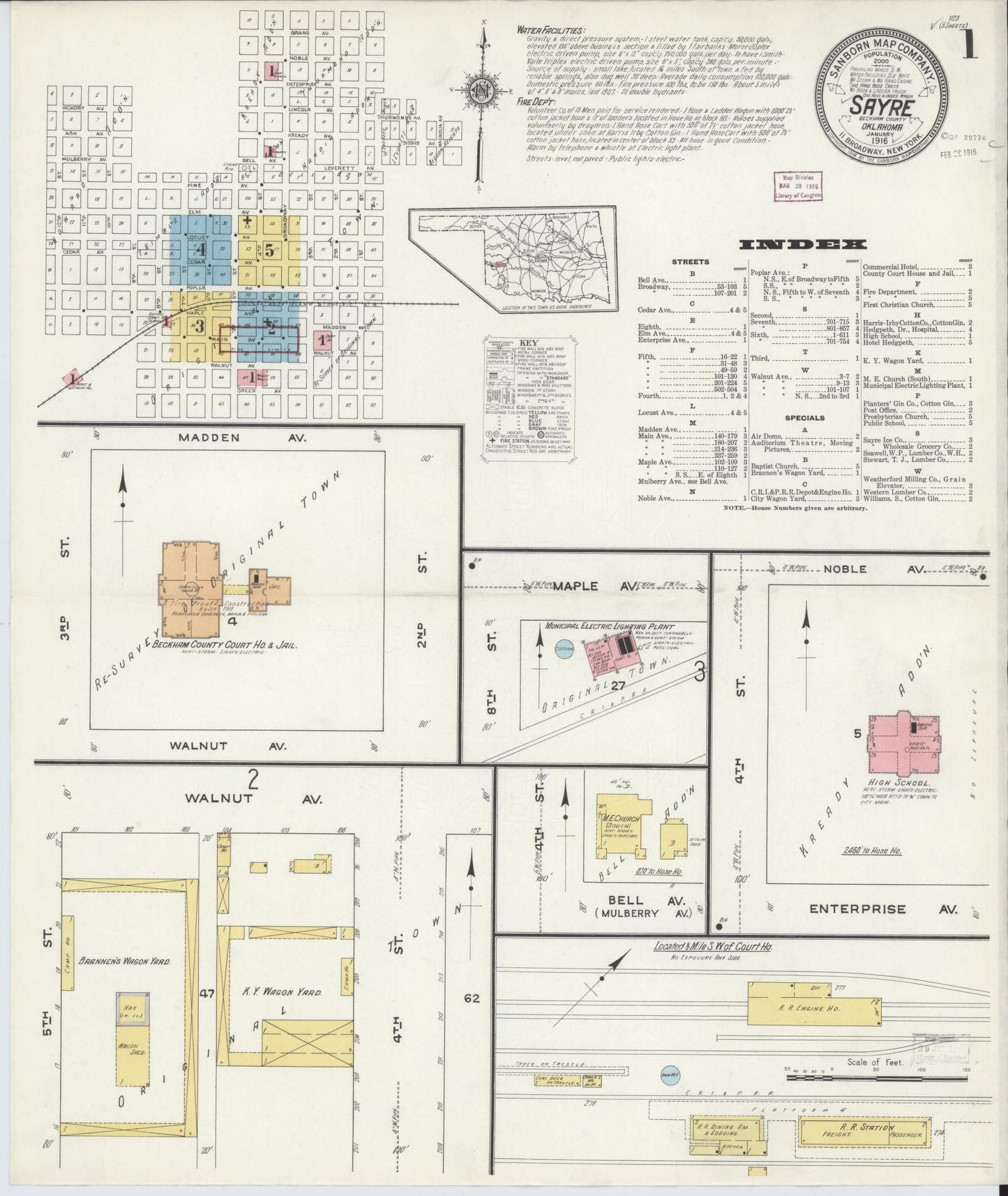 Sanborn Fire Insurance Map from Sayre, Beckham County, Oklahoma (1916), Sheet #0001 - Historic Sanborn Fire Insurance Map Print, vintage old map wall art, antique decor, genealogy gift, Oklahoma Oklahoma map