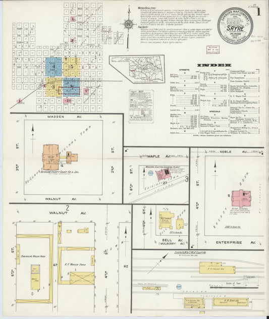 Sanborn Fire Insurance Map from Sayre, Beckham County, Oklahoma (1916), Sheet #0001 - Historic Sanborn Fire Insurance Map Print, vintage old map wall art, antique decor, genealogy gift, Oklahoma Oklahoma map