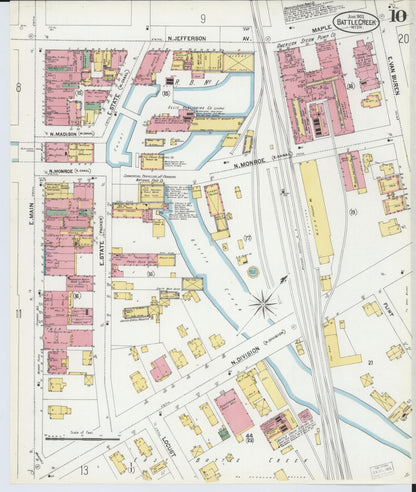 Sanborn Fire Insurance Map from Battle Creek, Calhoun County, Michigan (1902), Sheet #0010 - Historic Sanborn Fire Insurance Map Print, vintage old map wall art, antique decor, genealogy gift, Michigan Michigan map