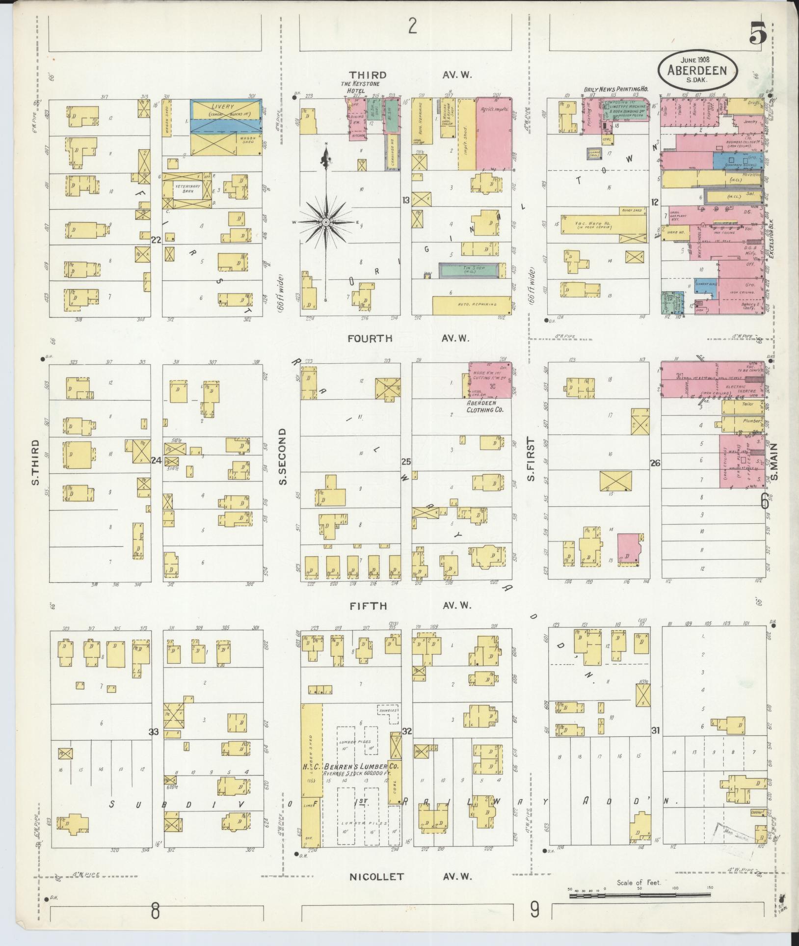 Sanborn Fire Insurance Map from Aberdeen, Brown County, South Dakota (1908), Sheet #0005 - Complete Map Set gallery image, historic Sanborn map, vintage wall art, South Dakota South Dakota