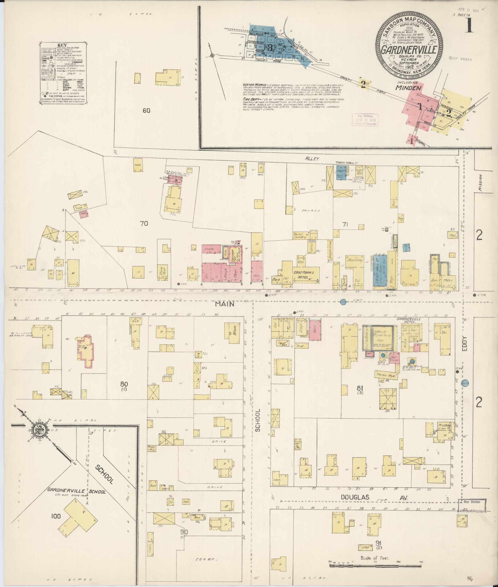 Sanborn Fire Insurance Map from Gardnerville, Douglas County, Nevada (1912), Sheet #0001 - Complete Map Set gallery image, historic Sanborn map, vintage wall art, Nevada Nevada