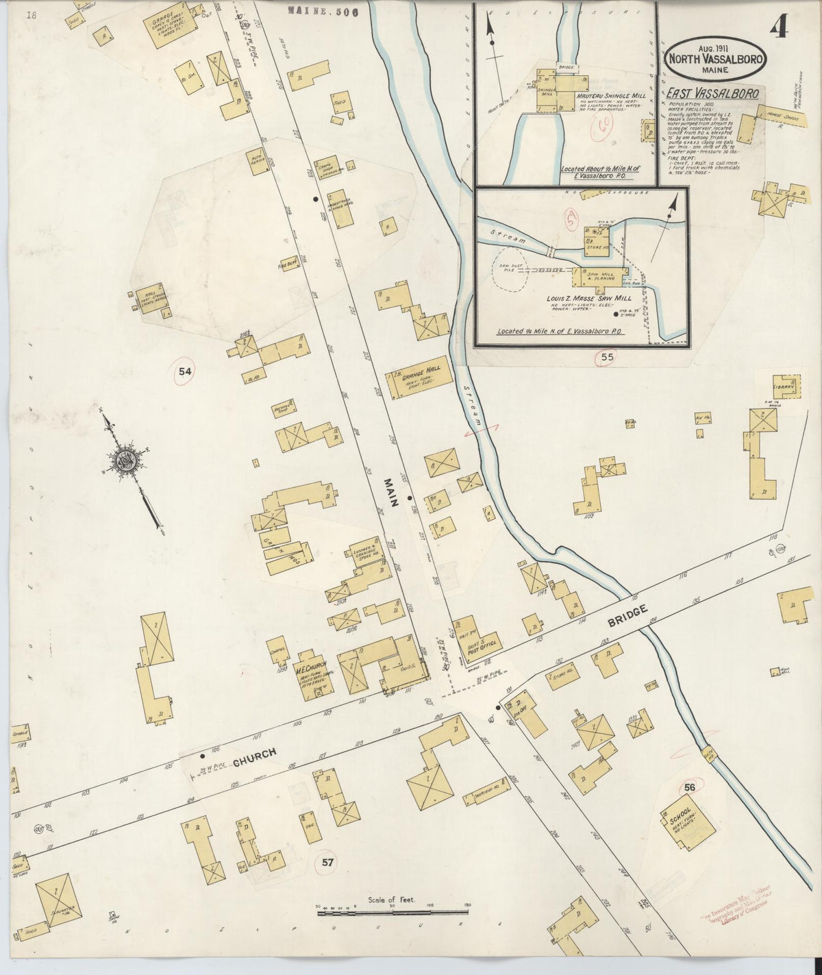 Sanborn Fire Insurance Map from North Vassalboro, Kennebec County, Maine (1927), Sheet #0004 - Complete Map Set gallery image, historic Sanborn map, vintage wall art, Maine Maine