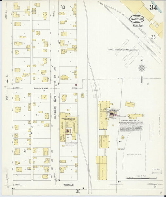 Sanborn Fire Insurance Map from Wausau, Marathon County, Wisconsin (1912), Sheet #0034 - Historic Sanborn Fire Insurance Map Print, vintage old map wall art, antique decor, genealogy gift, Wisconsin Wisconsin map