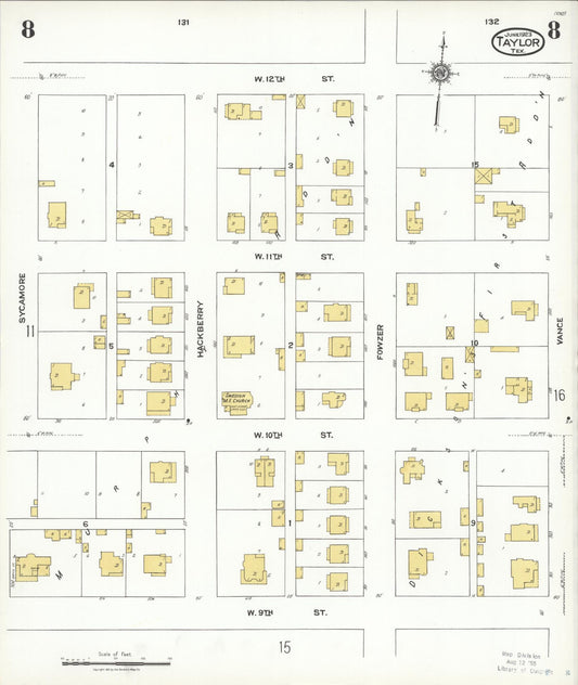 Sanborn Fire Insurance Map from Taylor, Williamson County, Texas (1923), Sheet #0008 - Historic Sanborn Fire Insurance Map Print, vintage old map wall art, antique decor, genealogy gift, Texas Texas map