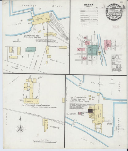 Sanborn Fire Insurance Map from Peshtigo, Marinette County, Wisconsin (1893), Sheet #0001 - Historic Sanborn Fire Insurance Map Print, vintage old map wall art, antique decor, genealogy gift, Wisconsin Wisconsin map