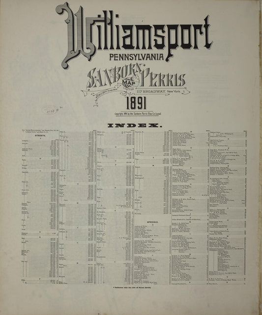 Sanborn Fire Insurance Map from Williamsport, Lycoming County, Pennsylvania (1891), Sheet #0001 - Historic Sanborn Fire Insurance Map Print, vintage old map wall art, antique decor, genealogy gift, Pennsylvania Pennsylvania map