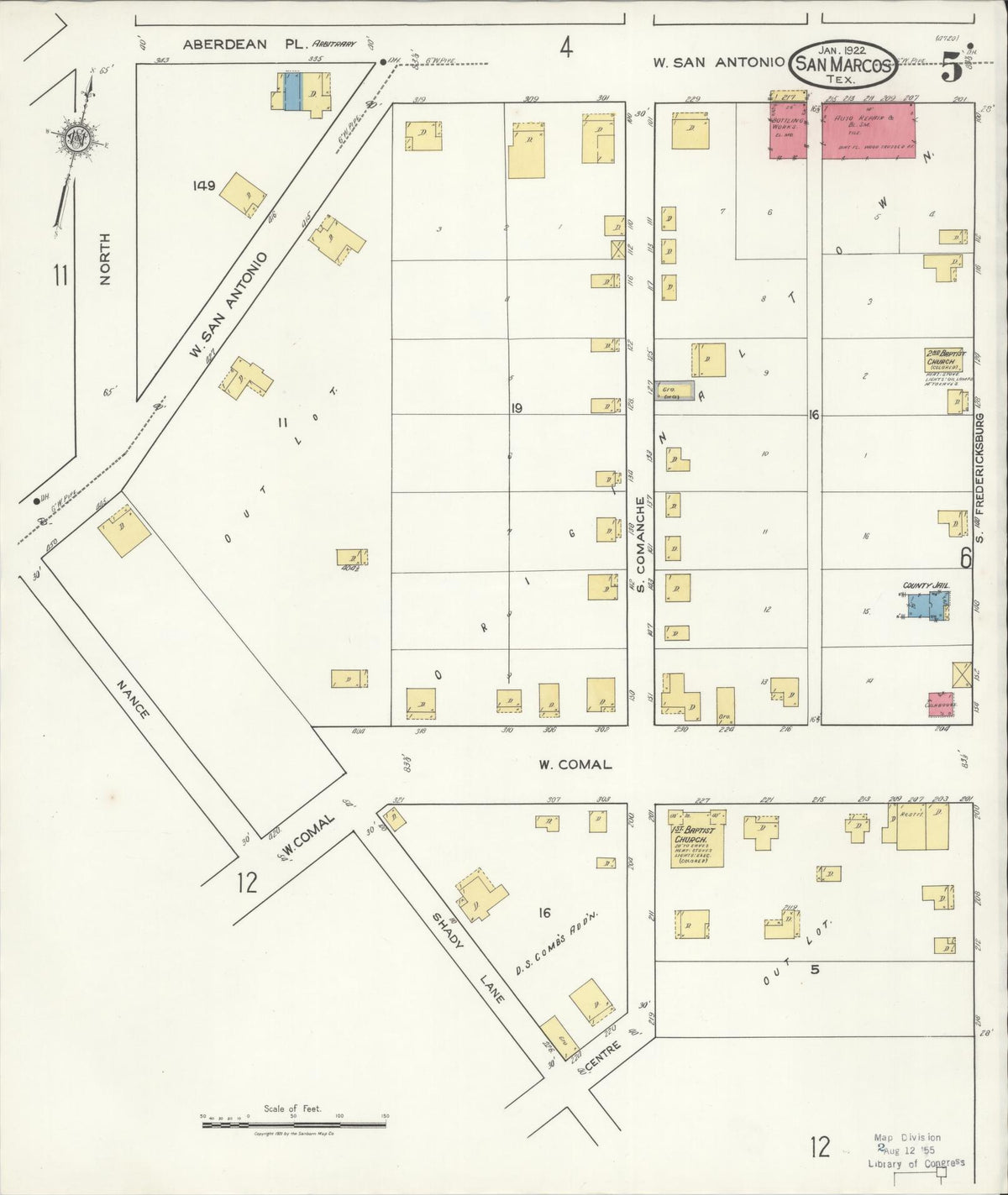 Sanborn Fire Insurance Map from San Marcos, Hays County, Texas (1922), Sheet #0005 - Complete Map Set gallery image, historic Sanborn map, vintage wall art, Texas Texas