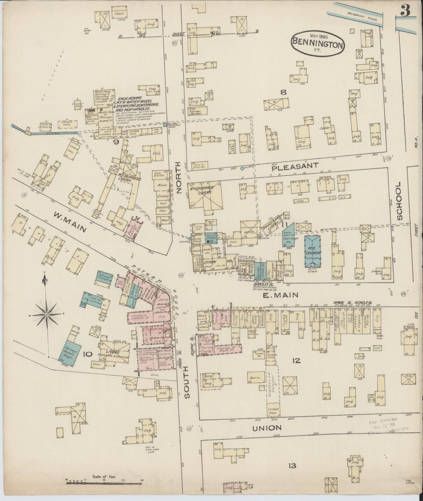 Sanborn Fire Insurance Map from Bennington, Bennington County, Vermont (1885), Sheet #0003 - Complete Map Set gallery image, historic Sanborn map, vintage wall art, Vermont Vermont