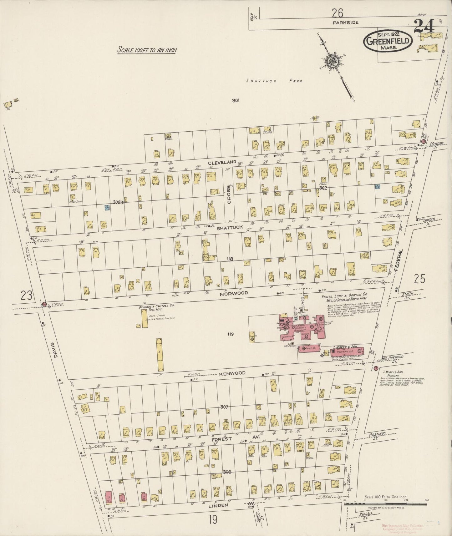 Sanborn Fire Insurance Map from Greenfield, Franklin County, Massachusetts (1922), Sheet #0024 - Historic Sanborn Fire Insurance Map Print, vintage old map wall art, antique decor, genealogy gift, Massachusetts Massachusetts map
