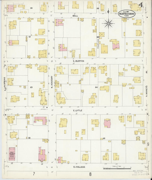 Sanborn Fire Insurance Map from Murfreesboro, Rutherford County, Tennessee (1907), Sheet #0004 - Historic Sanborn Fire Insurance Map Print, vintage old map wall art, antique decor, genealogy gift, Tennessee Tennessee map