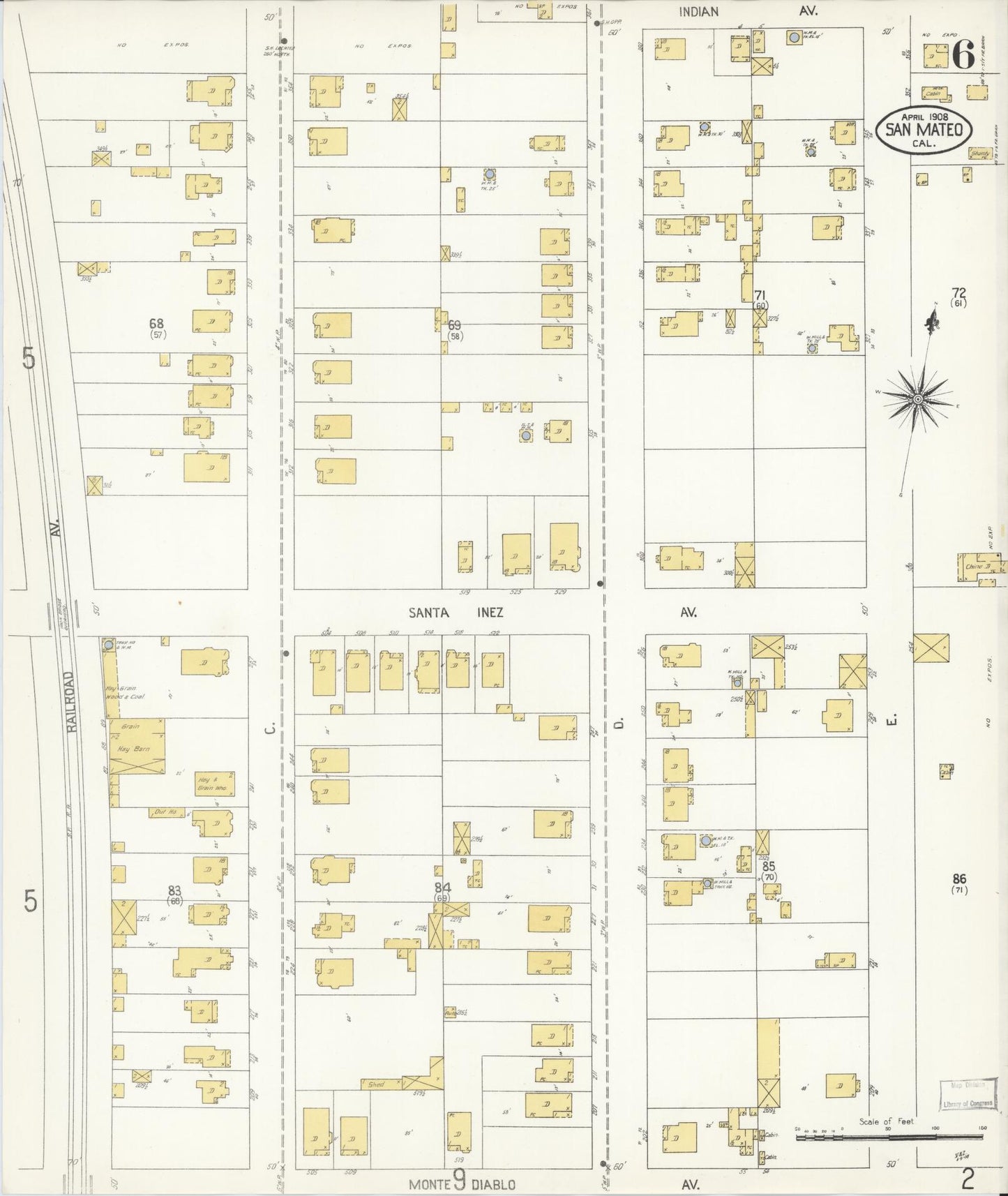 Sanborn Fire Insurance Map from San Mateo, San Mateo County, California (1908), Sheet #0006 - Complete Map Set gallery image, historic Sanborn map, vintage wall art, California California