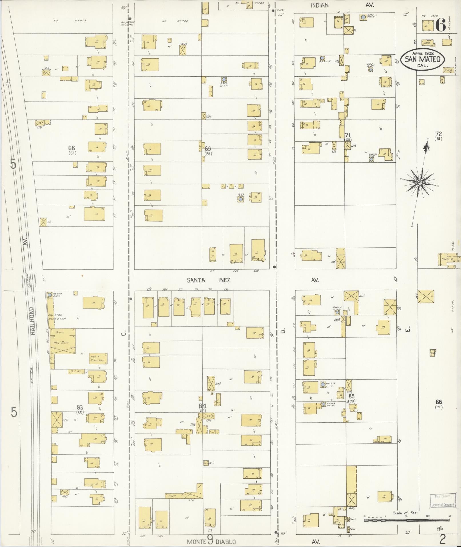 Sanborn Fire Insurance Map from San Mateo, San Mateo County, California (1908), Sheet #0006 - Complete Map Set gallery image, historic Sanborn map, vintage wall art, California California